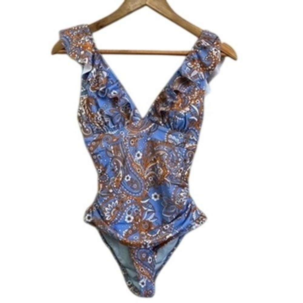Cupshe Paisley Ruffle One‎ Piece Swimsuit Women's Small Blue Orange NEW